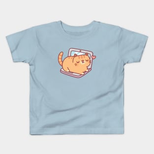 Cute Chubby Tabby Cat Resting On Laptop Kids T-Shirt